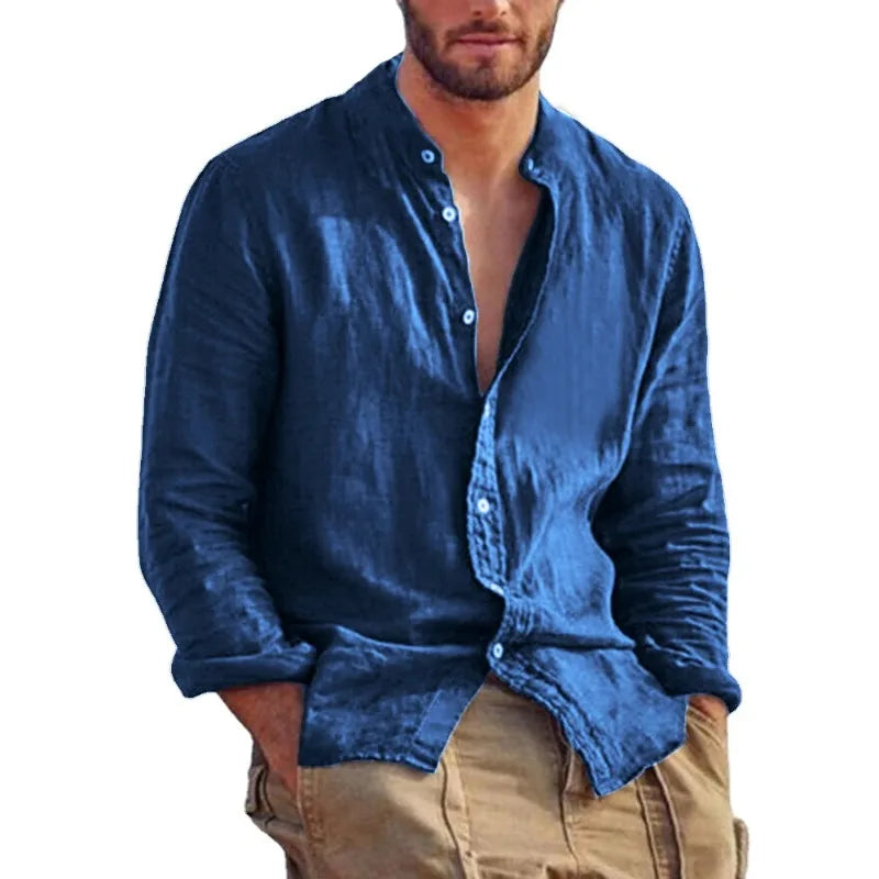 Sweatwear Men's Long Sleeve Shirt Linen Solid Color Shirts Trend Stand Collar.