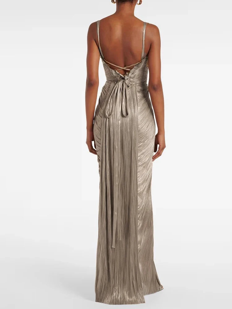 Sexy V-neck Draped Slim Suspender Dress Women Elegant Hight Waist.