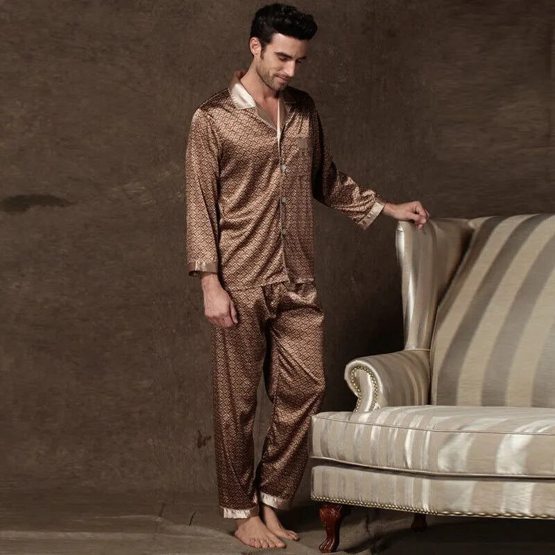 High Quality Pajamas Set Men Spring Autumn Thin Polyester Ice Silk Long-sleeved Sleepwear.