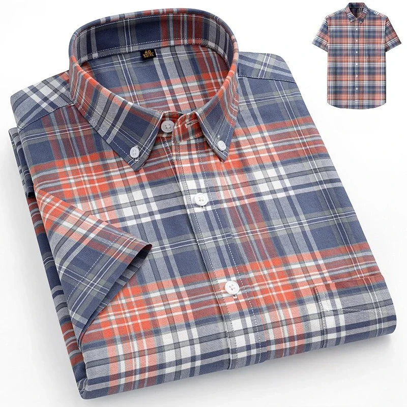 fashion summer cotton oxford plaid short sleeve shirt for man designer office.