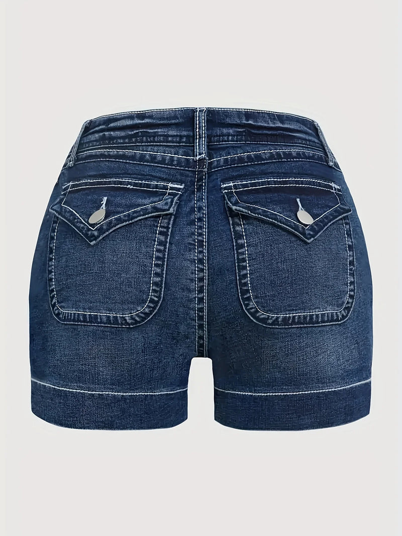 Ladies Mid-Waist Blue Elastic Denim Shorts.