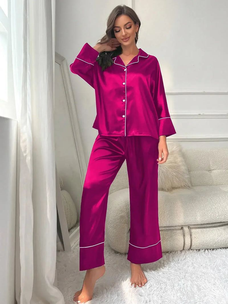 Women's Pajama Set Sleepwear Suit Loungewear Pj Set Satin Long Sleeve Tops.