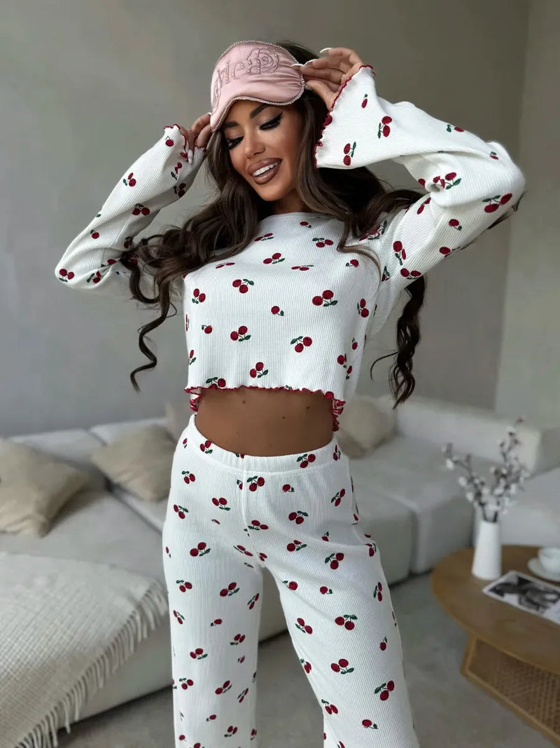 Lace Trim Women Pajama Set Short Sleeve Front Button Top & Full-Length.