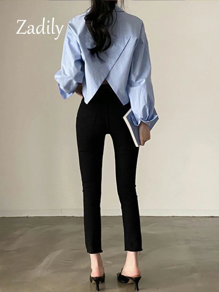 Casual Long Sleeve Women White Shirt Korea Style Solid Button Split.