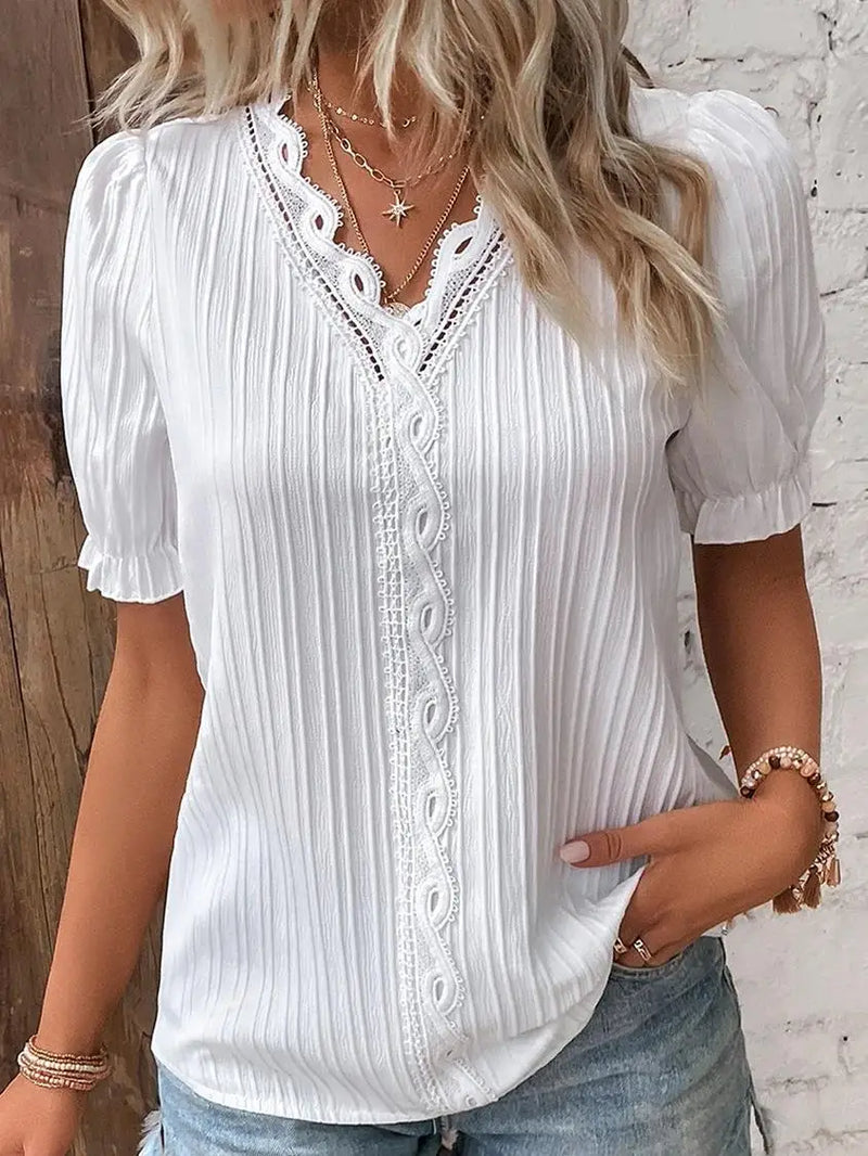 Elegant Women Blouse Shirt V Neck Lace Patchwork Short Sleeve Shirts.