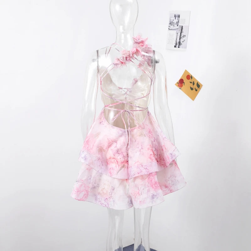Women’s Chic Floral Printed Mini Dress Backless Sleeveless.