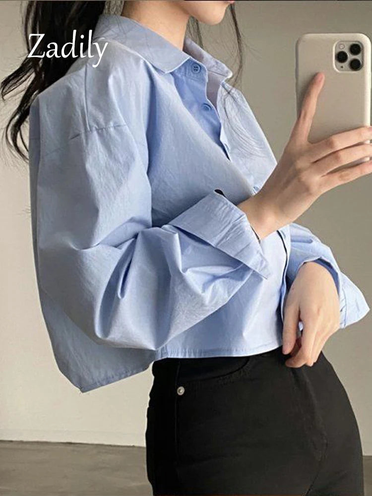 Casual Long Sleeve Women White Shirt Korea Style Solid Button Split.