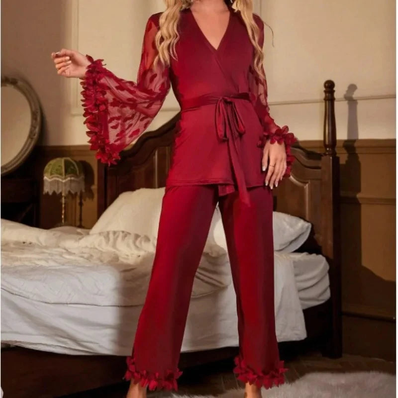 Sexy Sleepwear Net Mesh Flared Sleeve Petal-like Silk-Like Embroidery Women's Homewear.