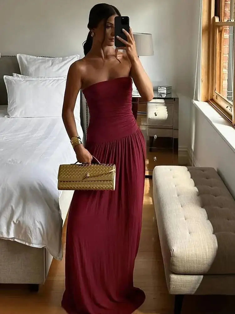 Mozision Off-shoulder Strapless Pleated Sexy Maxi Dress Women.