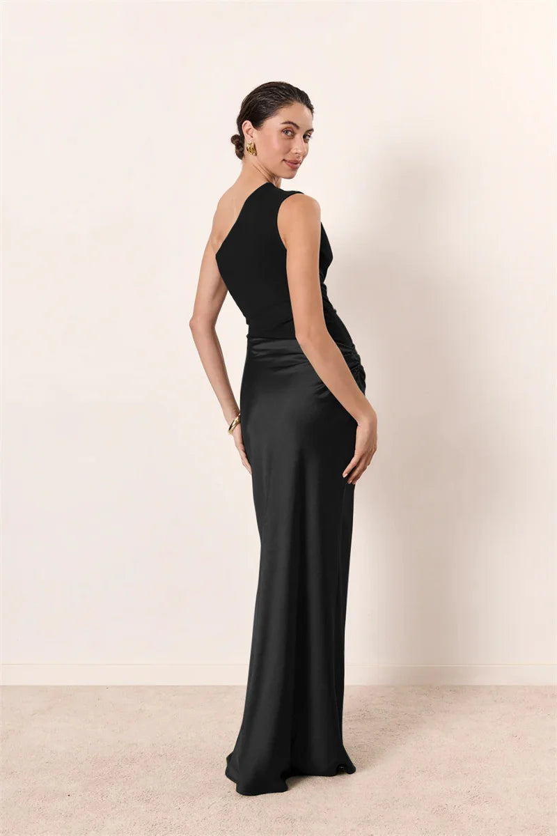 Women’s Mozision Satin Inclined Shoulder Sexy Maxi Dress.