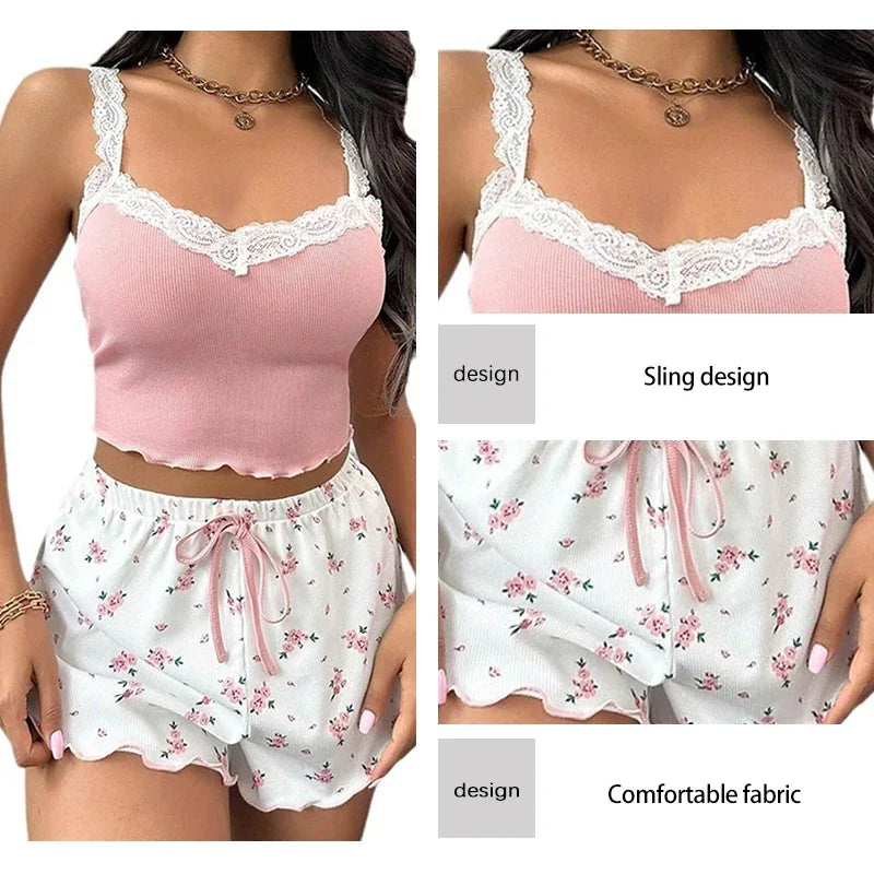 Women's Pyjamas Two-Piece Summer Ribbed Knitted Flower Print.