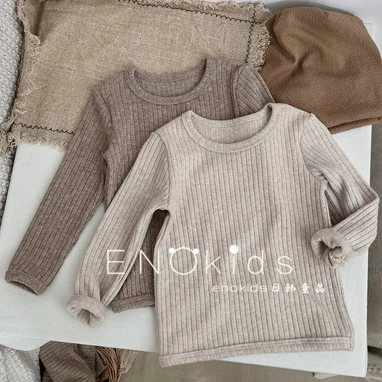 Kids Girls 2PCS Pajamas Set Cotton Round Collar Ribbed.