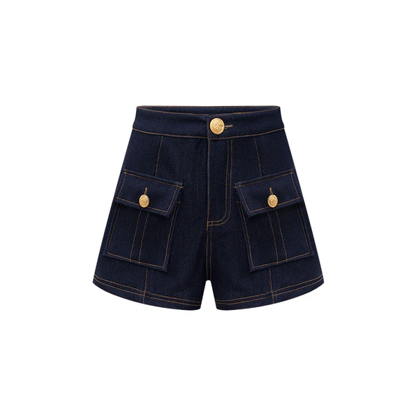 American dark blue high waist denim shorts suit women's.