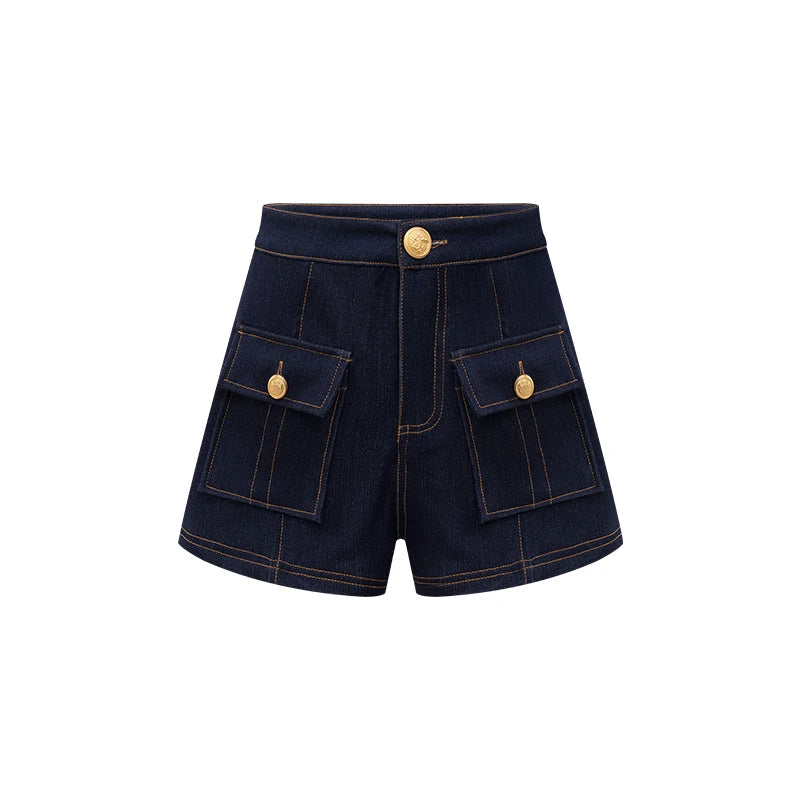 American dark blue high waist denim shorts suit women's.