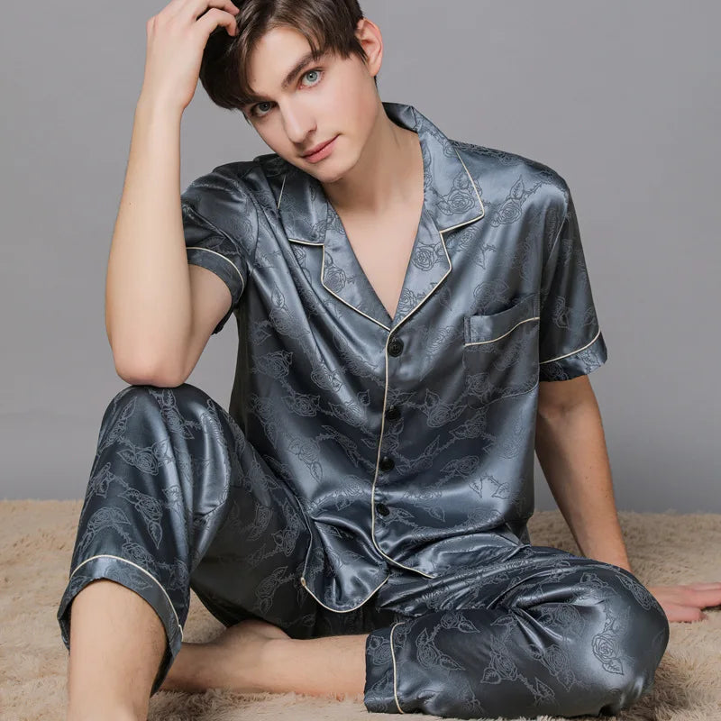 Men Ice Silk Pajamas Suit Summer Plus Size.