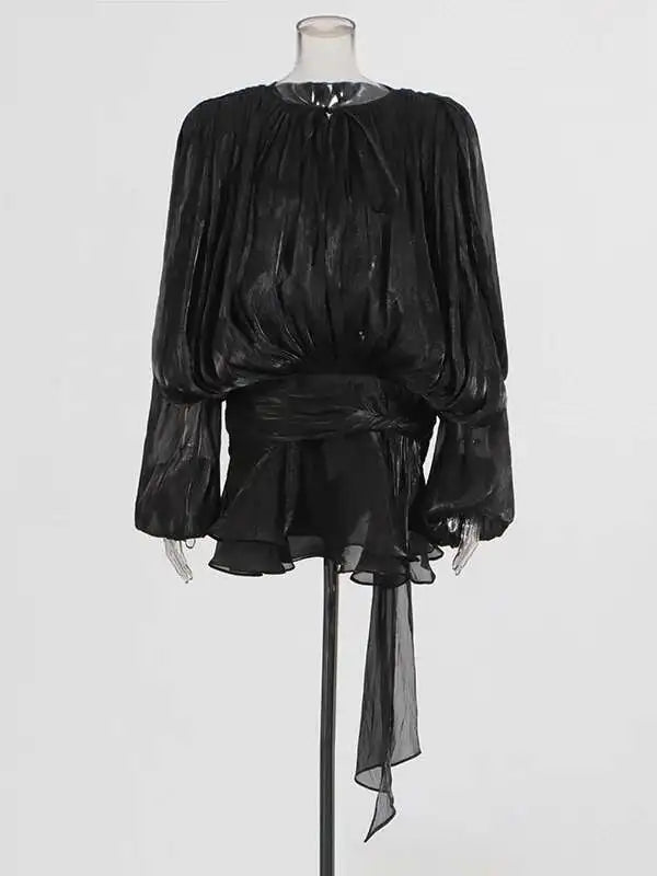 TWOTWINSTYLE Solid Blouse Mini Dresses For Women V Neck Long Sleeve.