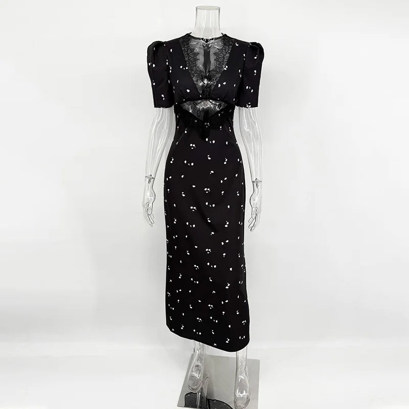 Sexy Hollow Lace Dress Women's Fashion Short Sleeve Elegant.