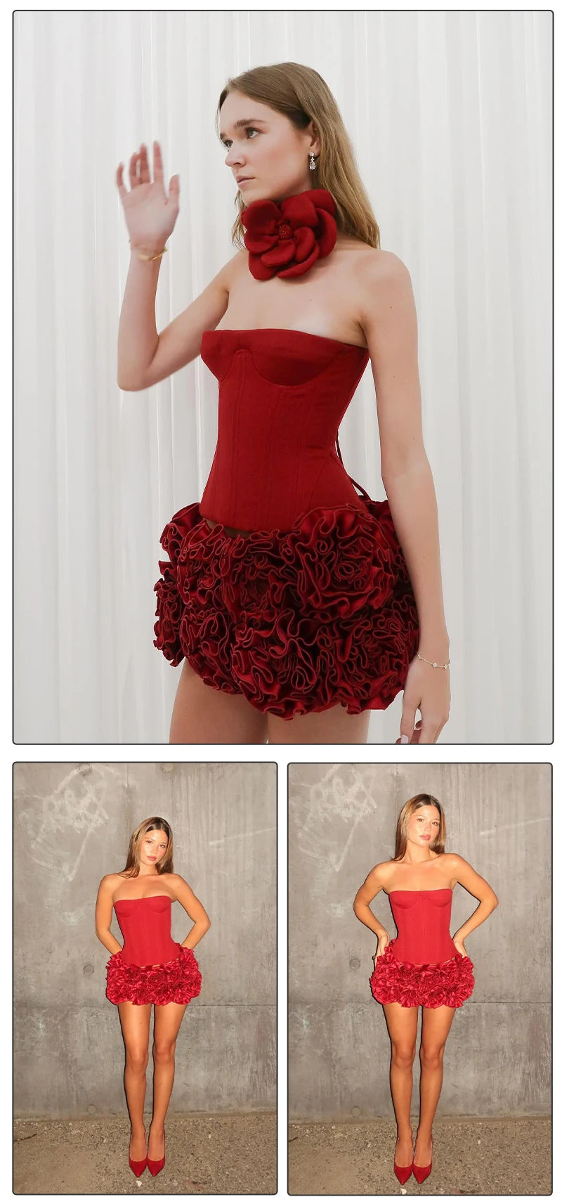 VC Christmas Dress Strapless Backless Red Structured Floral Embellished Mini Length.