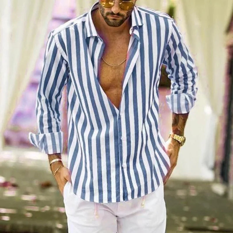 Men Striped Blouse Shirts Summer Spring Turn Down Collar Long Sleeve.