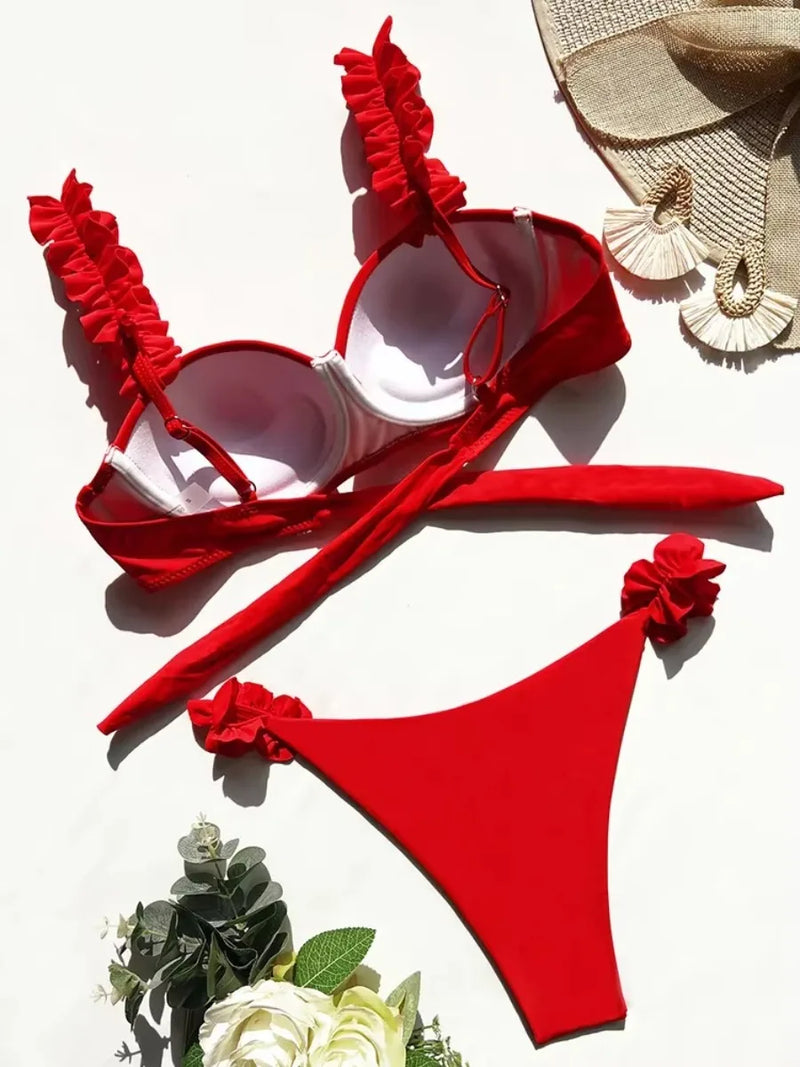 Push Up Ruffled Bikinis Underwired Bra Cup Bikini Women Swimsuit Female.
