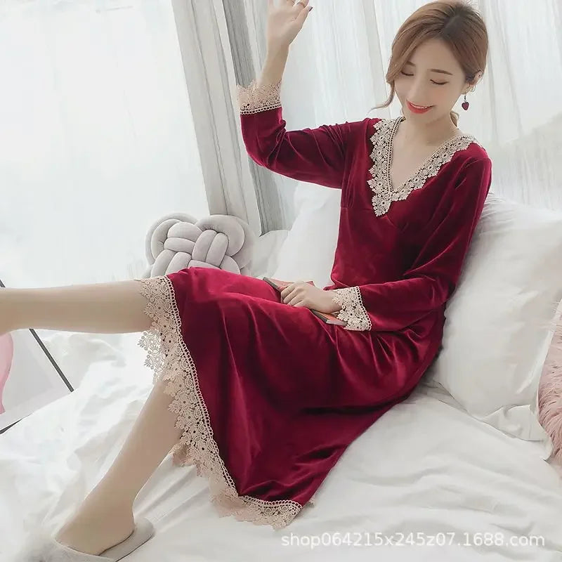 Sleep Dress Women Winter Long Sleeve Sexy Luxury Velvet Spring Autumn Winter.