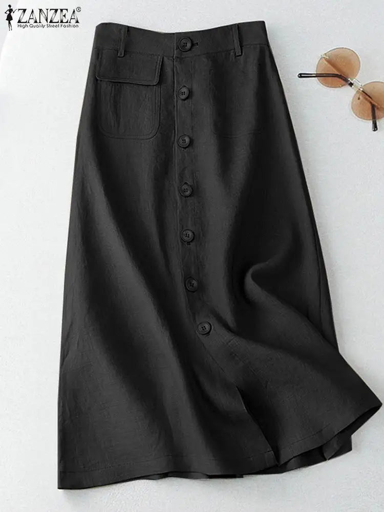 Elegant Cotton Midi Skirts Casual Button Up A-line Skirt Women High Waist.