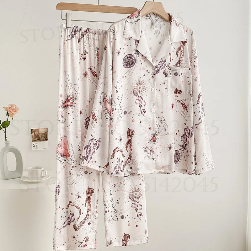 Pink Print Women 2PCS Pajams Set Spring Summer Sleepwear Loungewear.