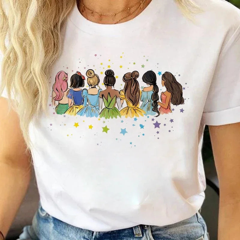 Fashion Disney Princess Printed T Shirt Watercolor Magic Castle Princess Women.