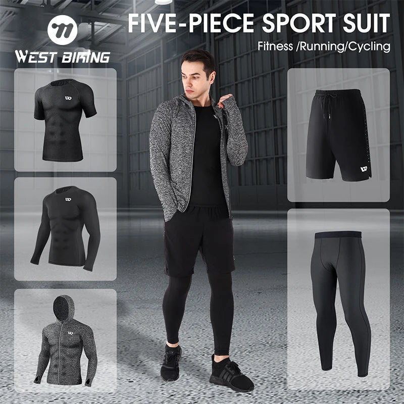 WEST BIKING 5Pcs Sport Suits Men's Compression Pants Top Shirt Long Sleeve.
