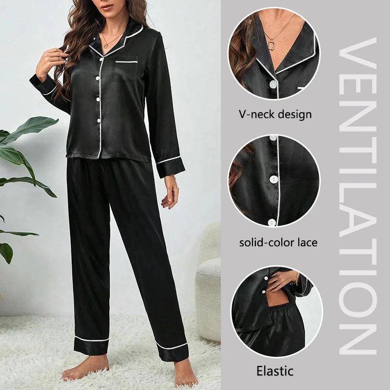 Plus Size Fall and Winter Silk Satin Women Pajamas Set Button down.