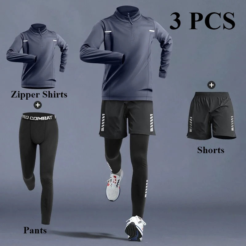 Men's Quick-Dry Sports Set 1-5 PCS Spring Track Field Zipper Training Running Fitness.