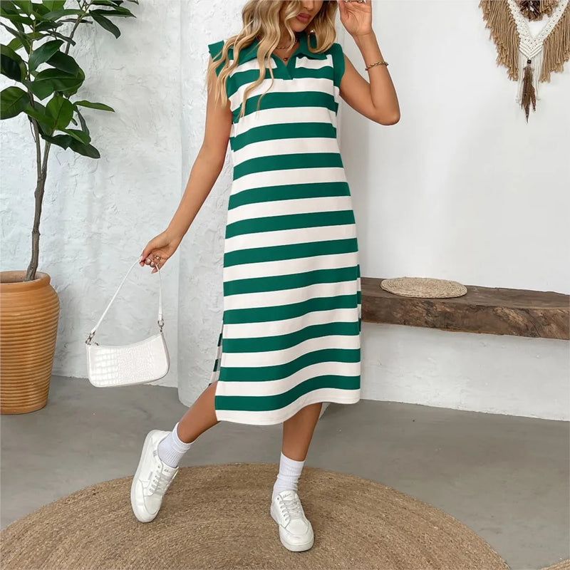 Women's Striped Pocket Lapel Sleeveless Long Dress Fashion.