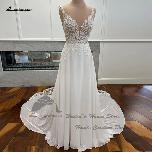 Women’s Lakshmigown Luxury Chiffon Long Boho Lace Wedding Dress.