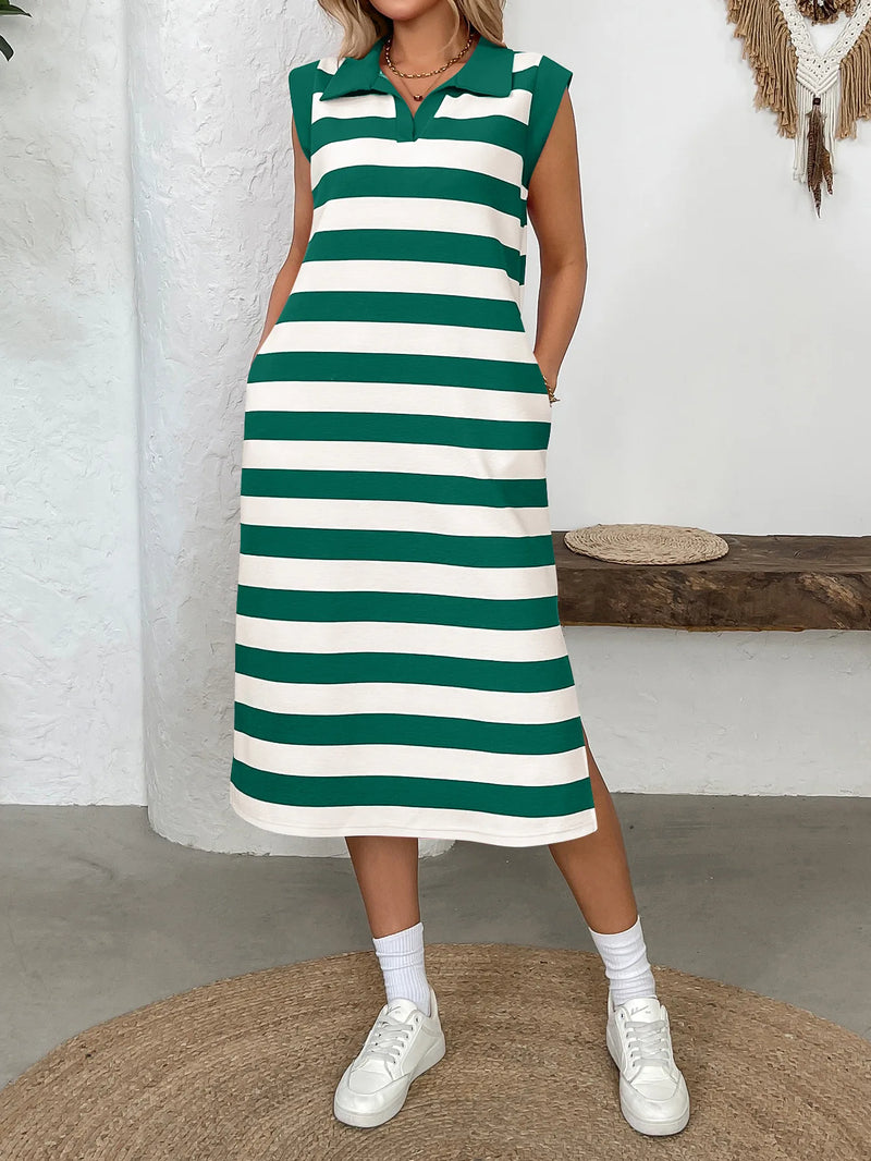 Women's Striped Pocket Lapel Sleeveless Long Dress Fashion.