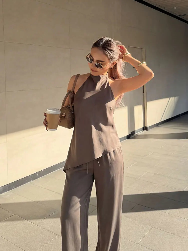 Womens Luxury Satin Two Piece Set Halter Neck Asymmetrical Top And Wide Leg Pant.