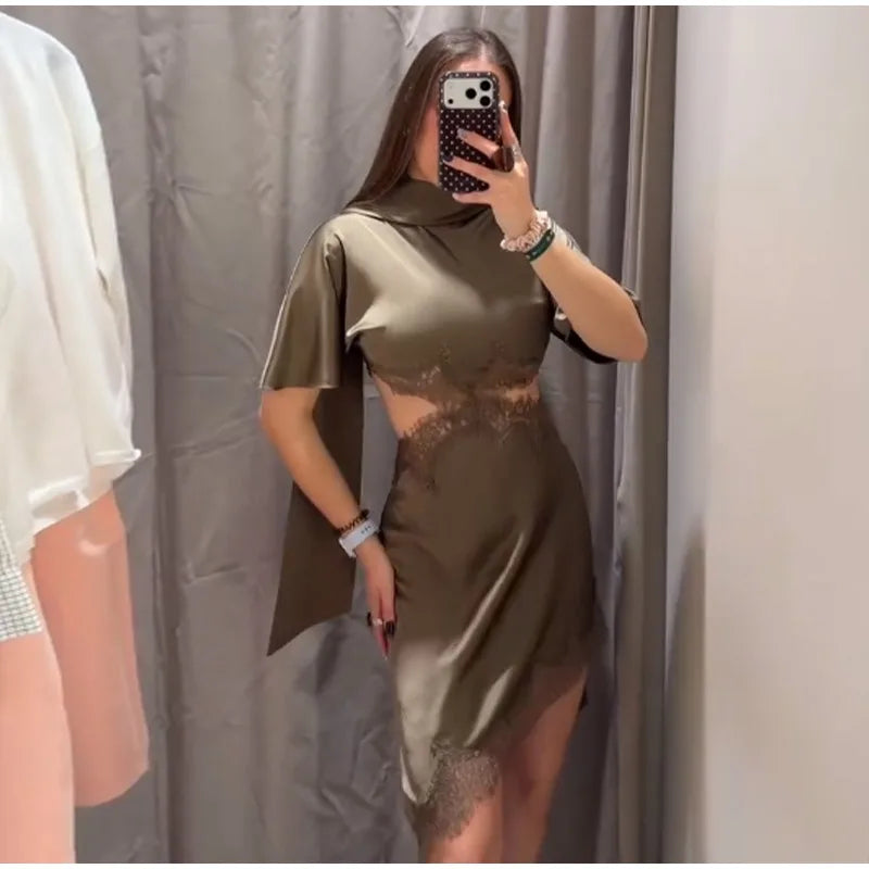 Lace Hollow Out Women Mini Dress Elegant Satin Scarf.