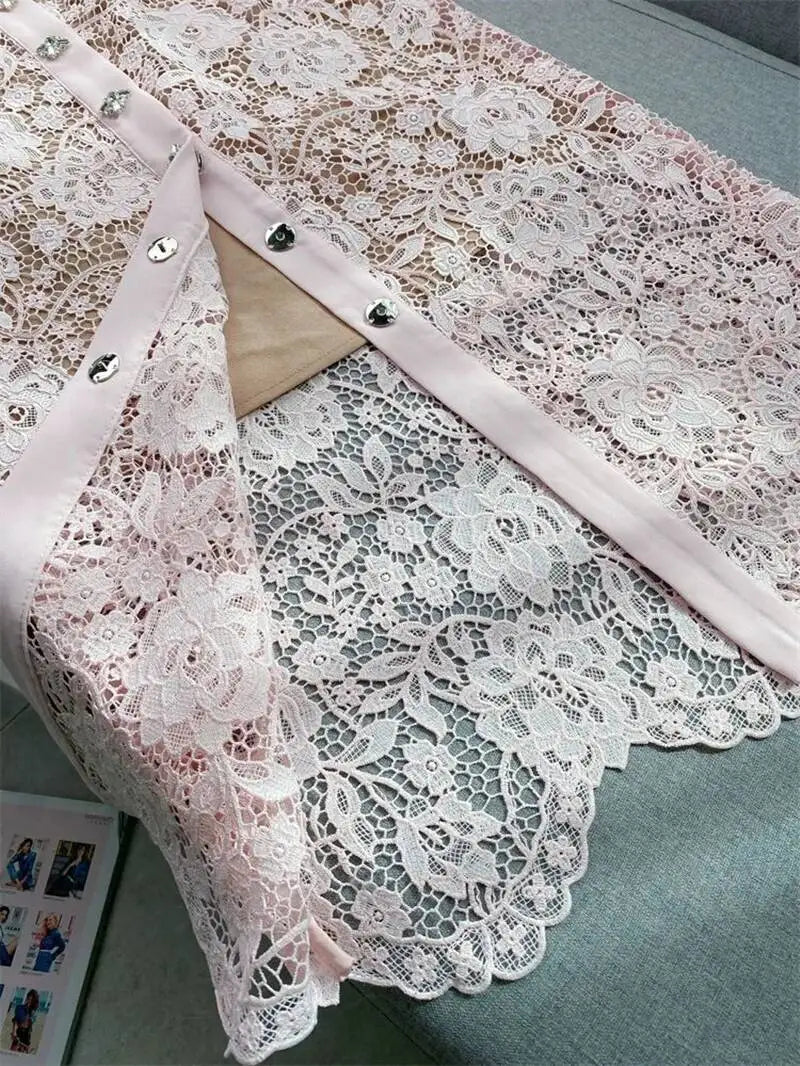 Women’s Lace Midi Dress Diamonds Bow Pink Floral Crystal Short Sleeve.