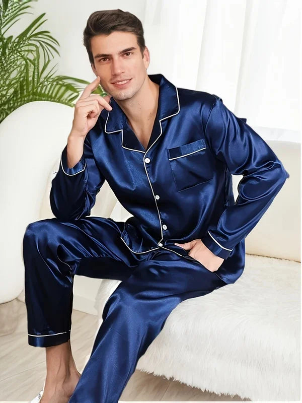 Men Pajama Sets Microfiber Sleepwear For Sleeping Man Shirt Satin Long Sleeve.