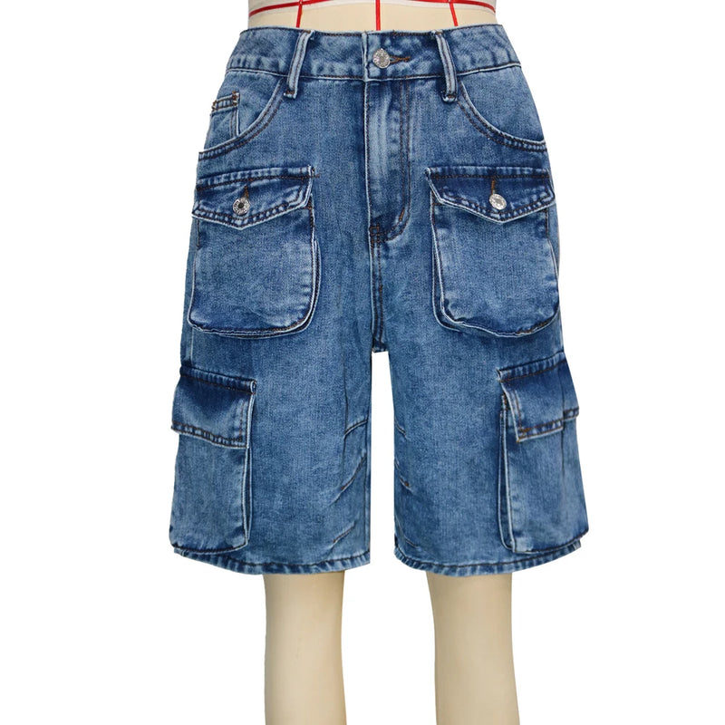 Fashion Pockets Women Acid Wash Cargo Denim Shorts.