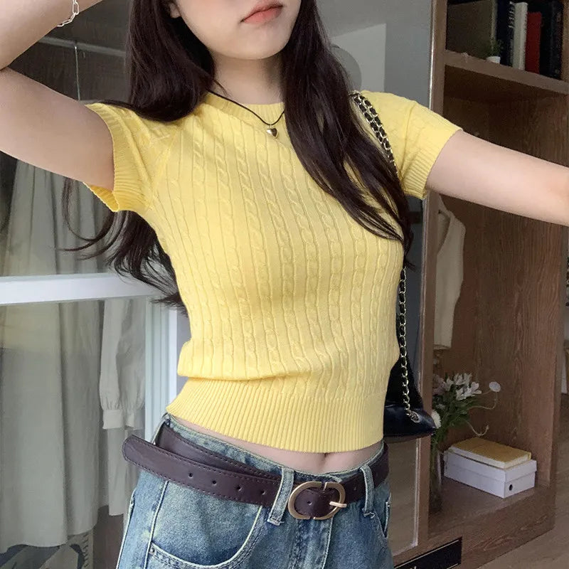 Summer Trendy Solid Color Versatile Tee Apricot O-Neck Women's Short Sleeve.