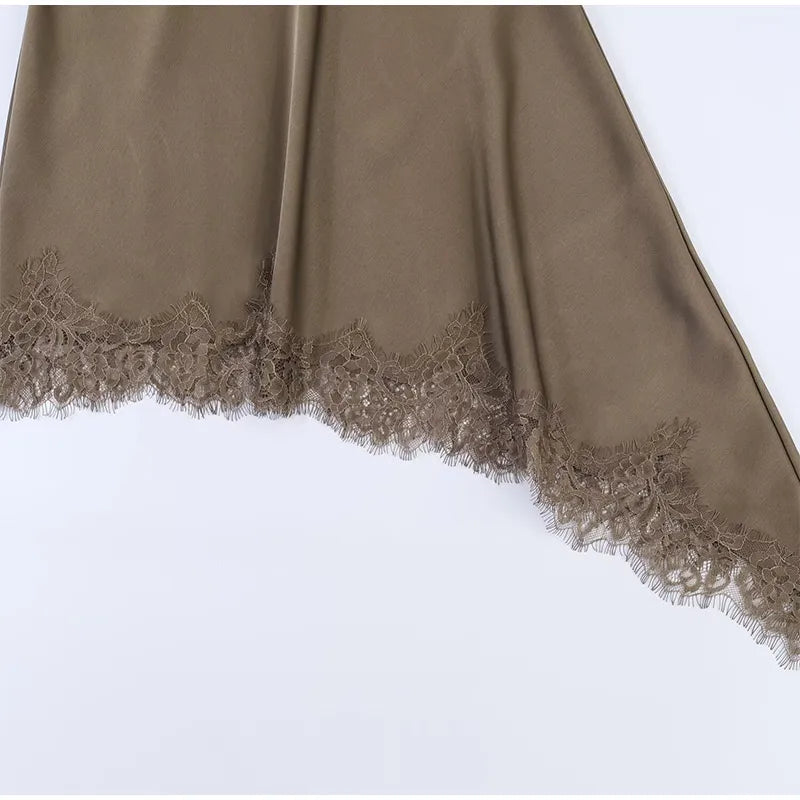 Lace Hollow Out Women Mini Dress Elegant Satin Scarf.