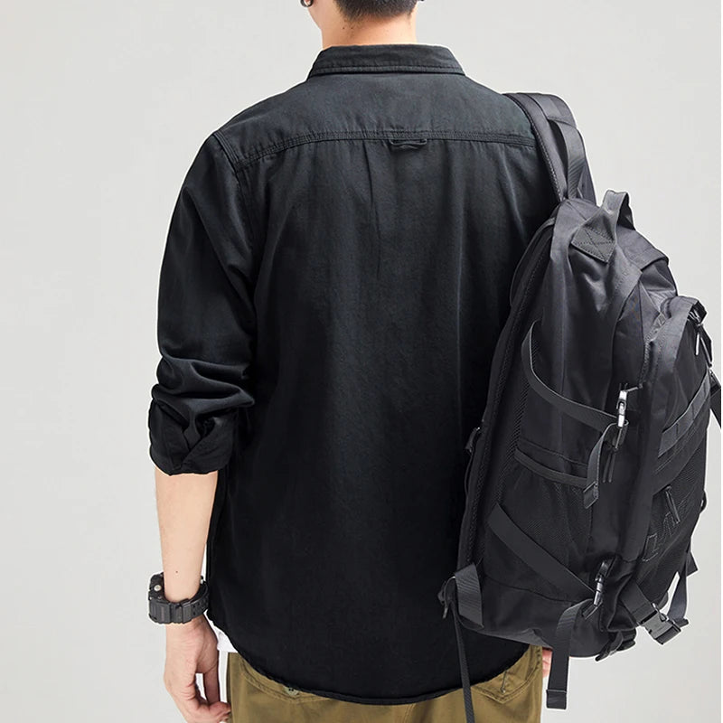 Mens Vintage Shirt Male Lone Sleeve Cargo Shirts Cotton Casual Solid Shirt.