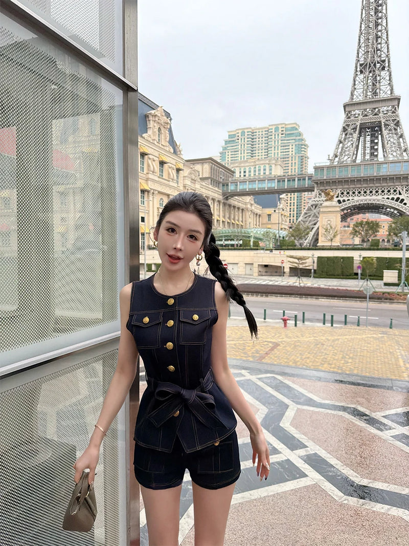 American dark blue high waist denim shorts suit women's.