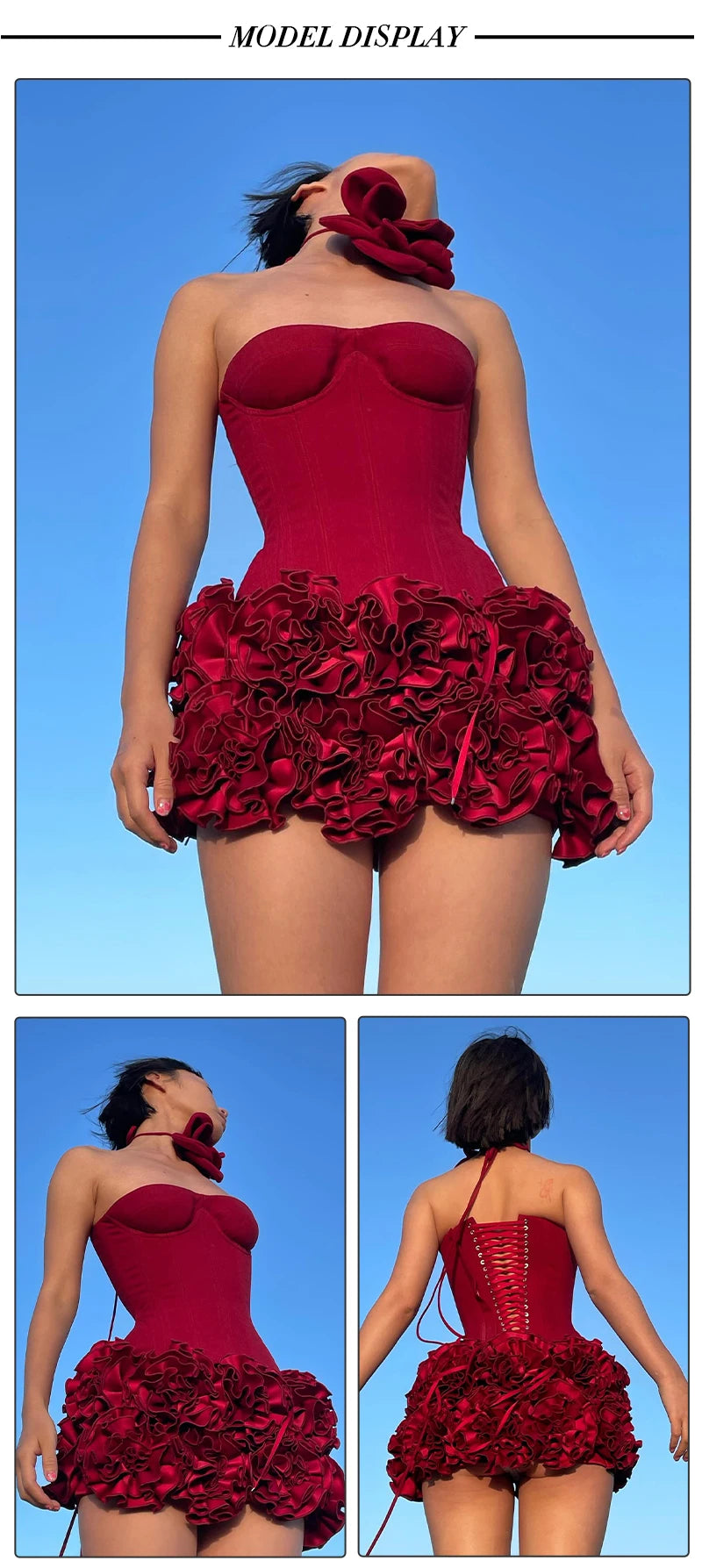 VC Christmas Dress Strapless Backless Red Structured Floral Embellished Mini Length.