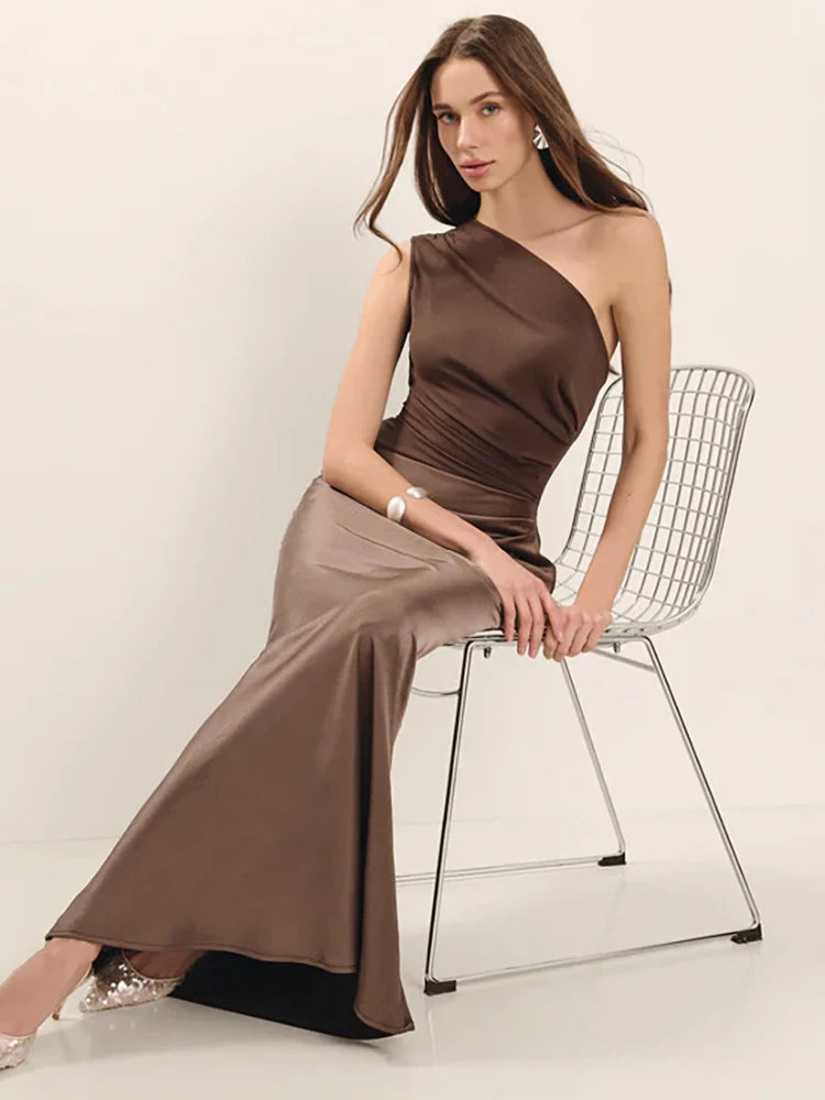 Women’s Mozision Satin Inclined Shoulder Sexy Maxi Dress.