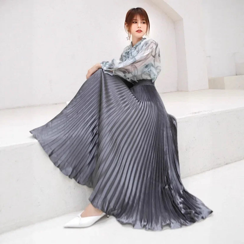 Women's Long Satin Metal Luster Pleated Skirt Half-length Accordion Skirt.