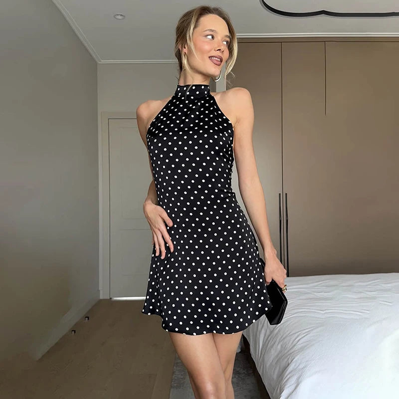 Tornova Polka Dot Halter Sleeveless Dress For Women.