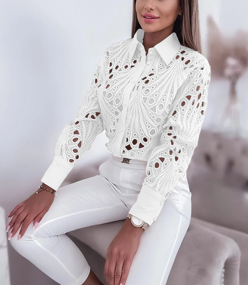 Women's Blouses Hollowed Out Long Sleeved Shirt Casual Solid Button Up.