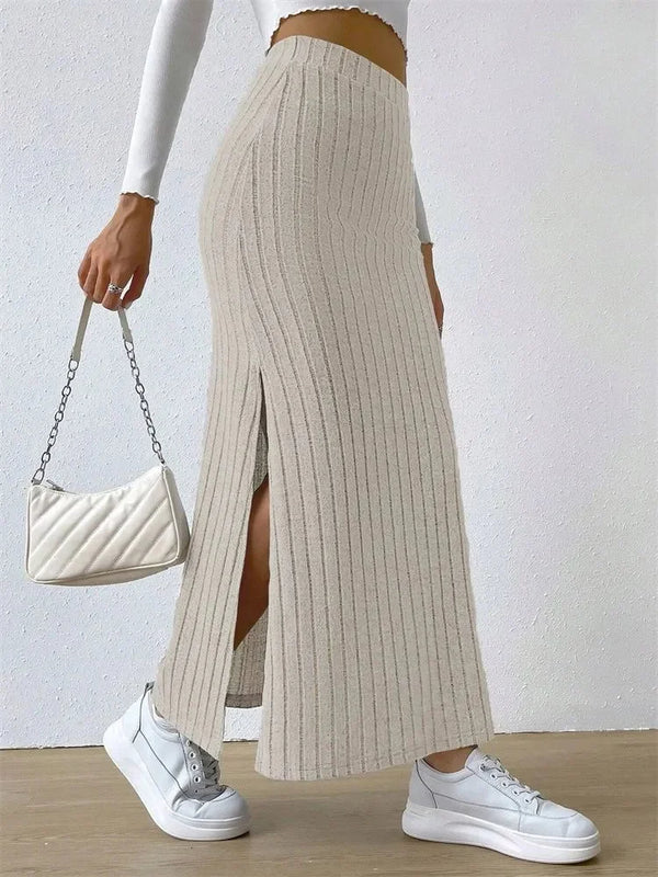 Women Rib-knit Side Split Maxi Skirt Autumn Spring Casual Elegant High Waist.