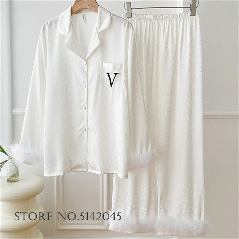 Female 2pcs Pajamas Set Sleepwear Long Sleeve Trouser Pijamas Suit.